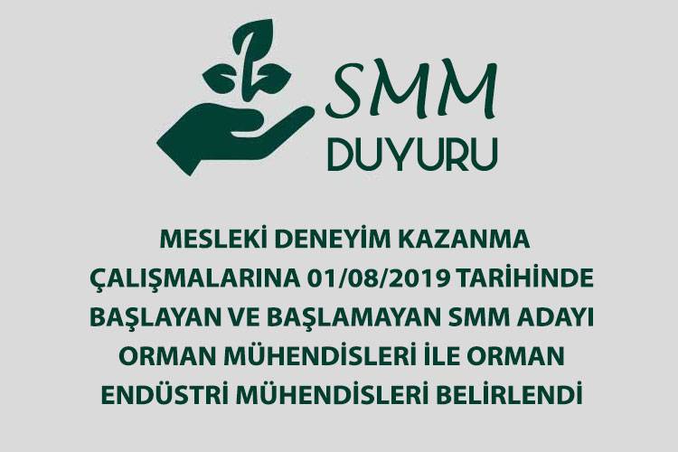 MESLEKİ DENEYİM KAZANMA ÇALIŞMALARINA 01/08/2019 TARİHİNDE BAŞLAYAN VE BAŞLAMAYAN SERBEST MESLEK MENSUBU ADAYI ORMAN MÜHENDİSLERİ İLE ORMAN ENDÜSTRİ MÜHENDİSLERİ BELİRLENDİ