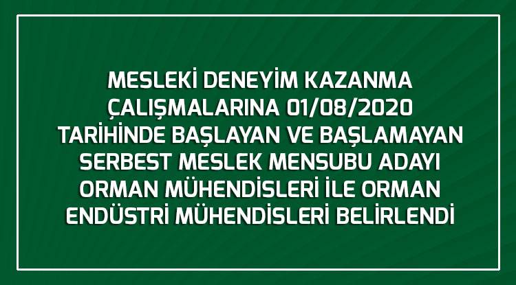MESLEKİ DENEYİM KAZANMA ÇALIŞMALARINA 01/08/2020 TARİHİNDE BAŞLAYAN VE BAŞLAMAYAN SERBEST MESLEK MENSUBU ADAYI ORMAN MÜHENDİSLERİ İLE ORMAN ENDÜSTRİ MÜHENDİSLERİ BELİRLENDİ