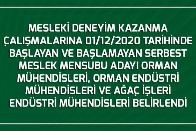 MESLEKİ DENEYİM KAZANMA ÇALIŞMALARINA 01/12/2020 TARİHİNDE BAŞLAYAN VE BAŞLAMAYAN SERBEST MESLEK MENSUBU ADAYI ORMAN MÜHENDİSLERİ, ORMAN ENDÜSTRİ MÜHENDİSLERİ VE AĞAÇ İŞLERİ ENDÜSTRİ MÜHENDİSLERİ BELİRLENDİ 